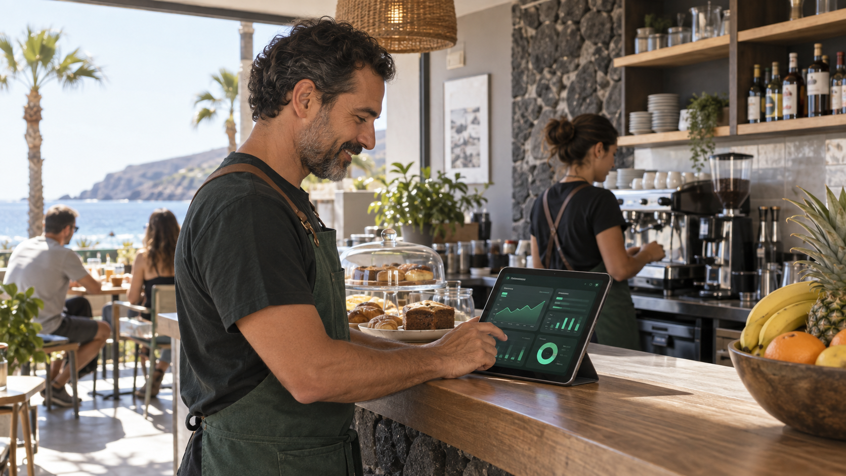 Propietario de una cafetería canaria consultando la gestión de su negocio en una tableta